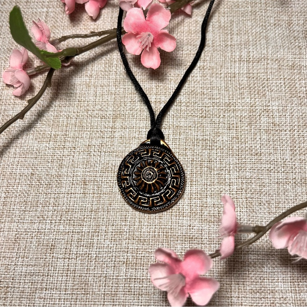 VINTAGE Black Corded Necklace with Boho Aztec Pendant